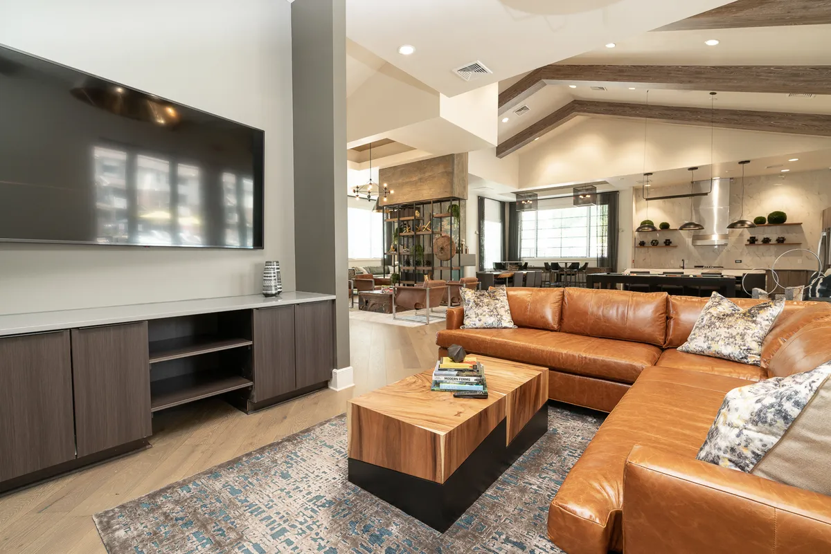 The living area features a leather sofa with decorative pillows, a modern wood coffee table, a television, and a stylish dining area visible in the background. The space is bathed in natural light and arranged for both relaxation and casual gatherings.